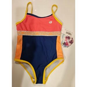 NWT Skechers Surf Pink, Orange, and Blue Girls One Piece Swimsuit, Size 24 M